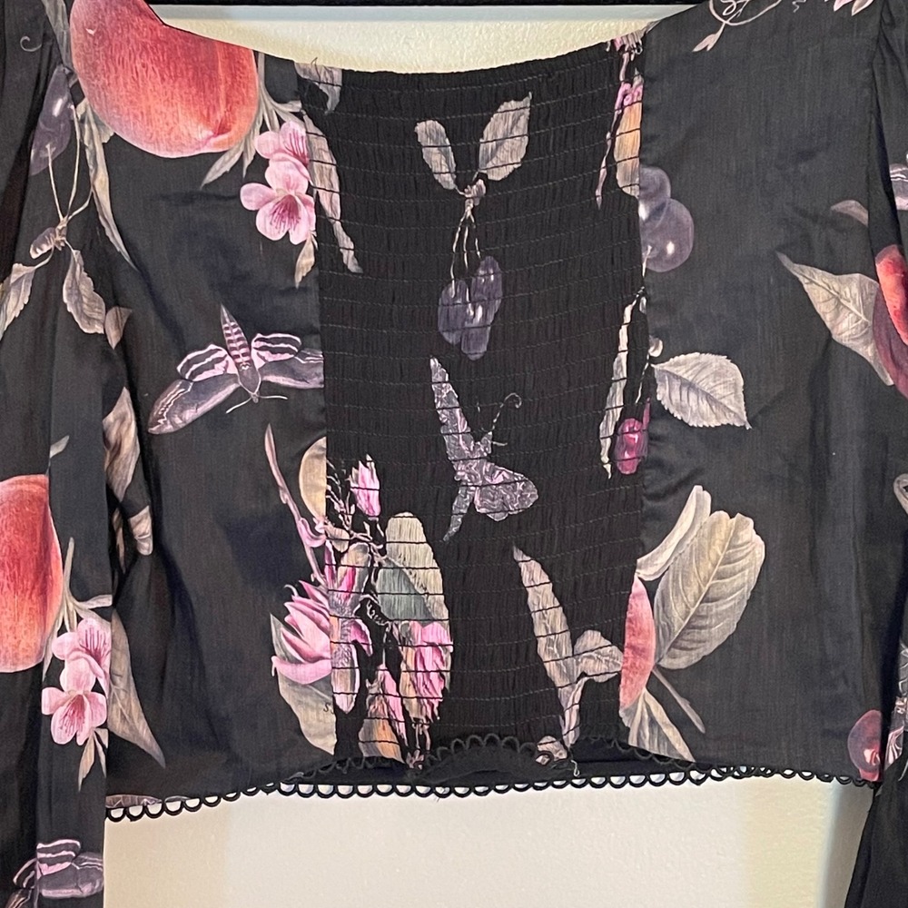 AllSaints Ria Soleil Top Black Garden Floral Linen Silk Crop Blouse US 6 UK 10 - Picture 5 of 9